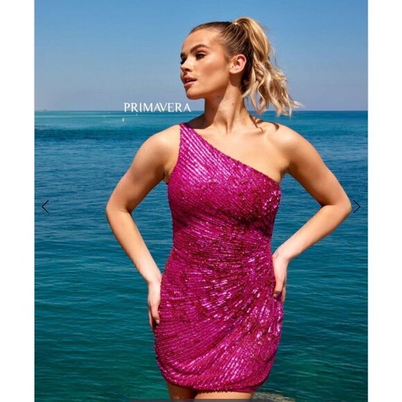 Primavera Couture Women's 0 One Shoulder Pink Sequin Mini Dress Barbiecore New - Picture 1 of 13